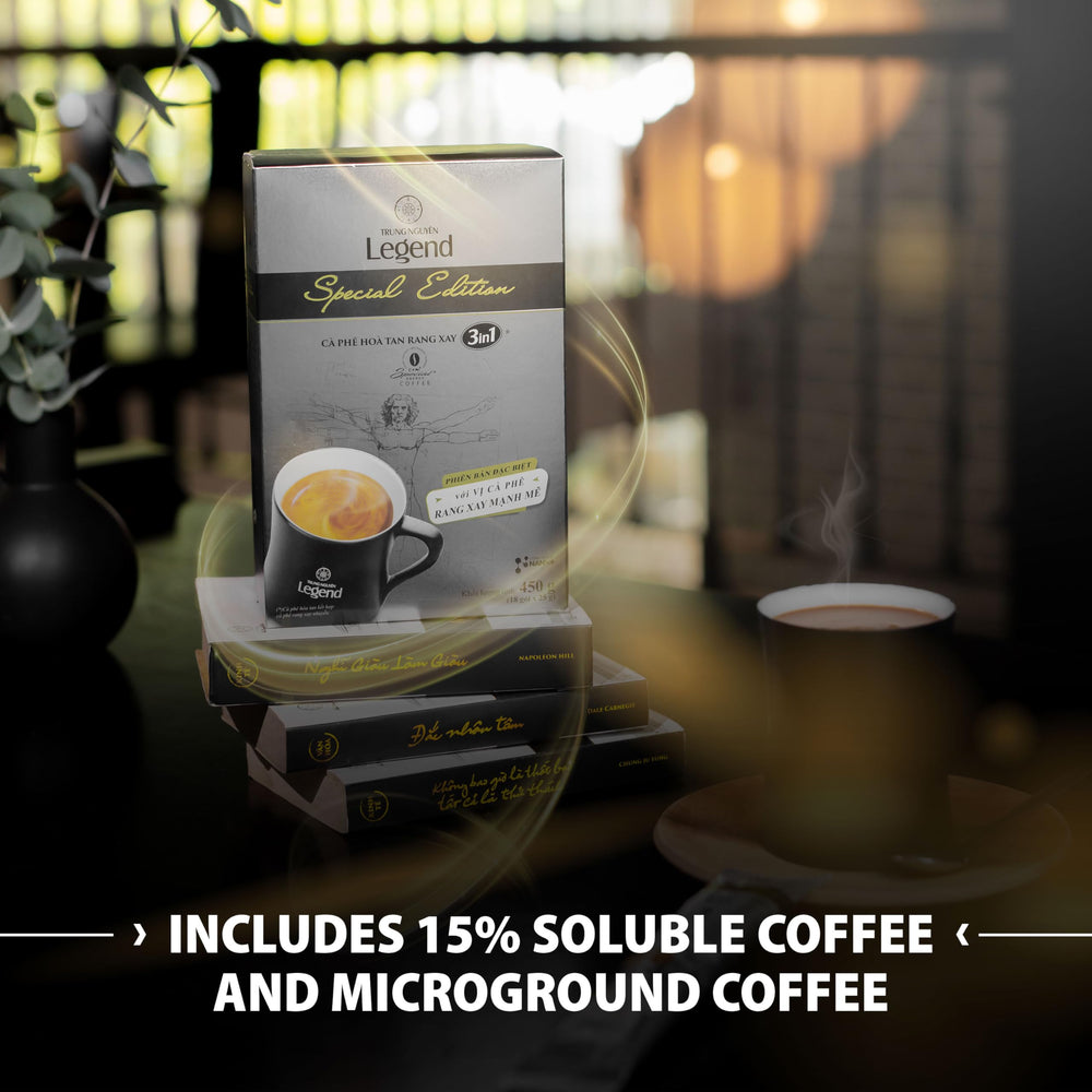 TRUNG NGUYEN LEGEND instant coffee cup setup with quick prep and aroma.