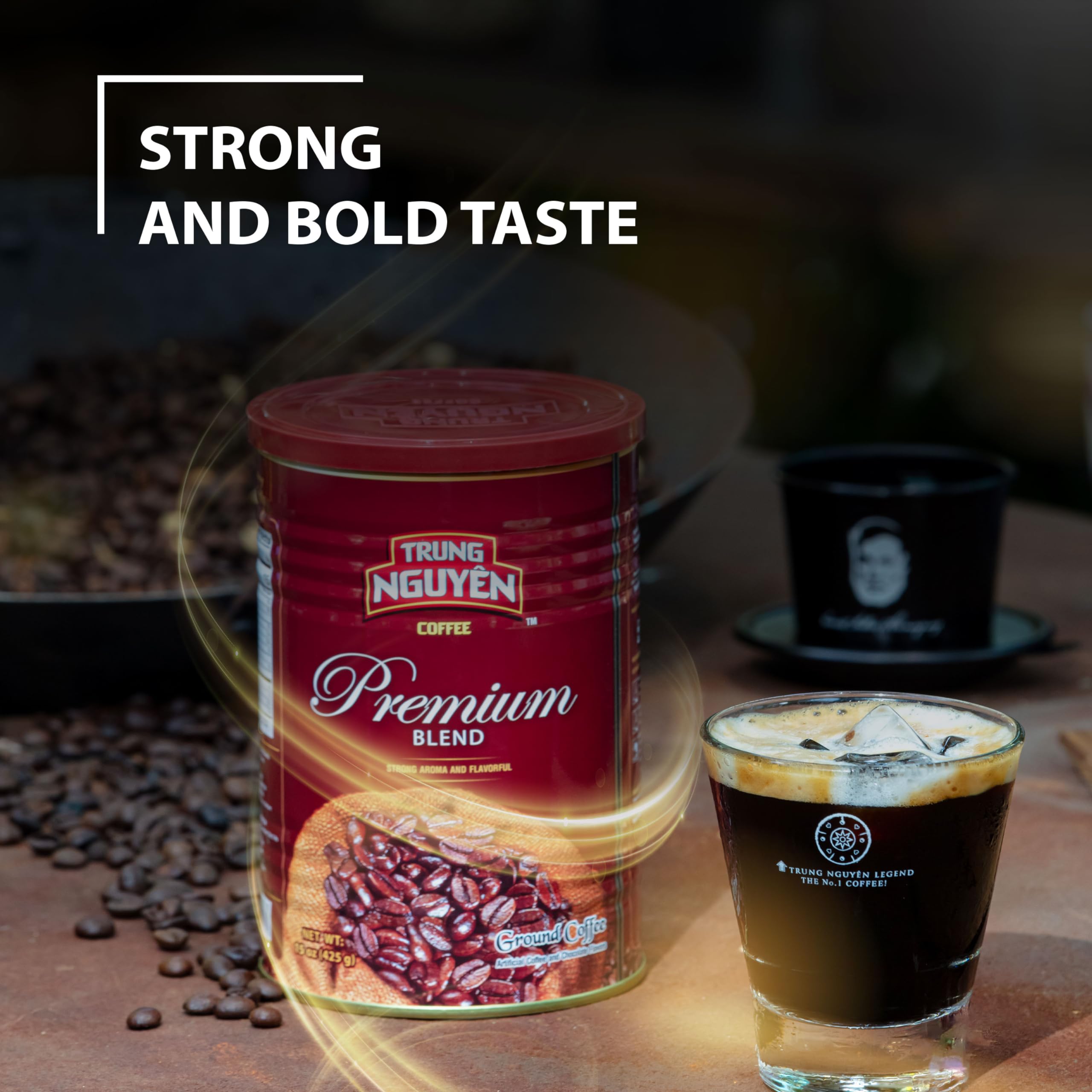 Steaming cup of TRUNG NGUYEN LEGEND Premium Blend with bold aroma.