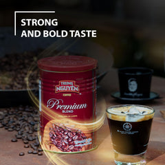Steaming cup of TRUNG NGUYEN LEGEND Premium Blend with bold aroma.