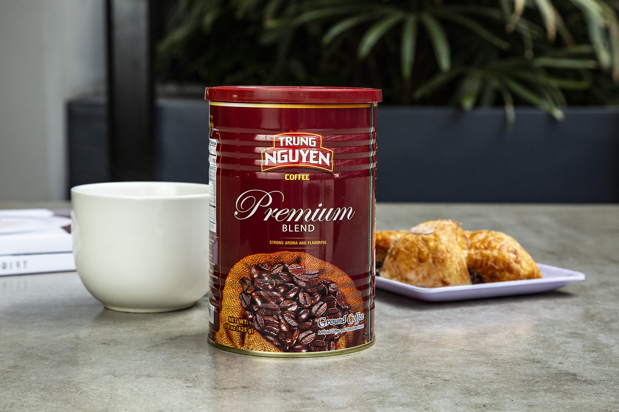 Trung Nguyen Premium Blend image demonstrates versatility for pour-over, drip, espresso, or cold brew.