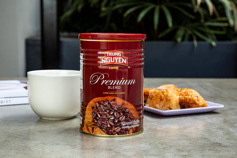 Trung Nguyen Premium Blend image demonstrates versatility for pour-over, drip, espresso, or cold brew.