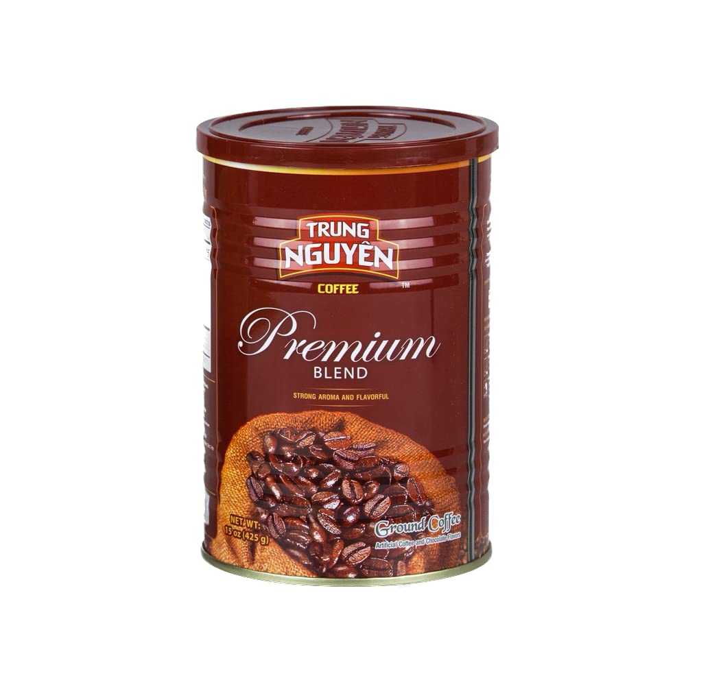 Trung Nguyen Premium Blend can aroma highlights bold flavor and chocolate notes for a rich morning.
