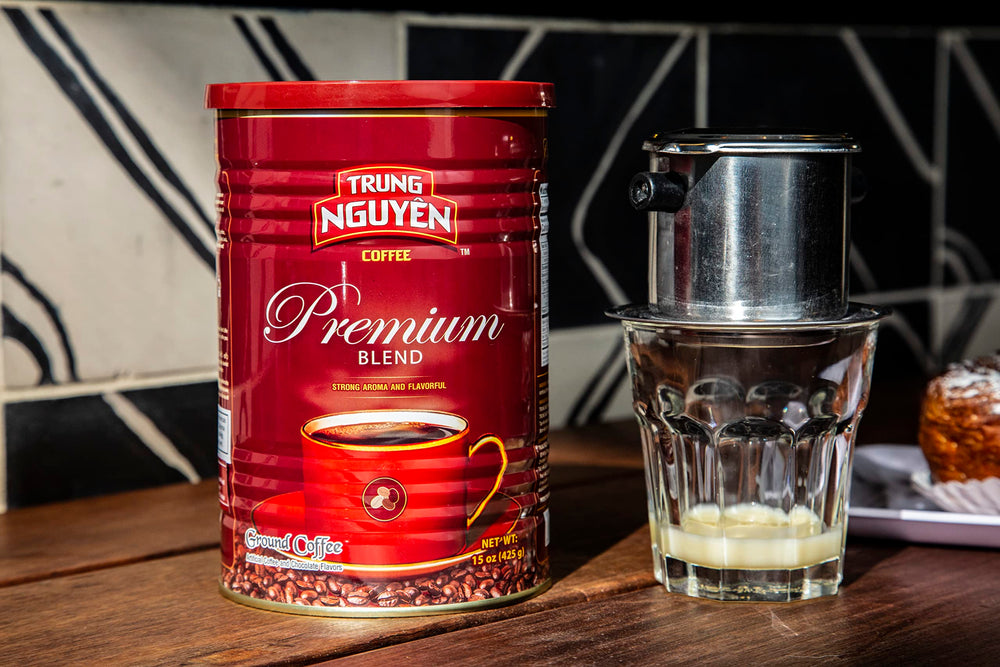 Trung Nguyen Premium Blend ground coffee suited for pour-over, drip, or French press.