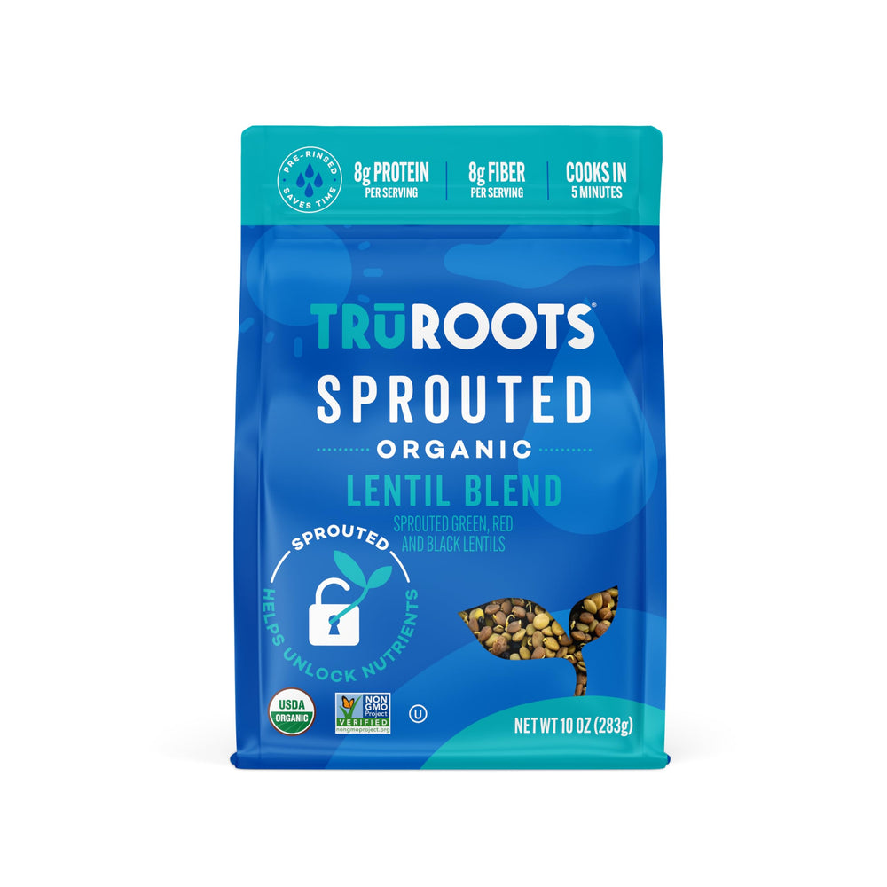 truRoots Organic Sprouted Lentil Blend bag shows a gluten-free, protein-rich pantry staple.