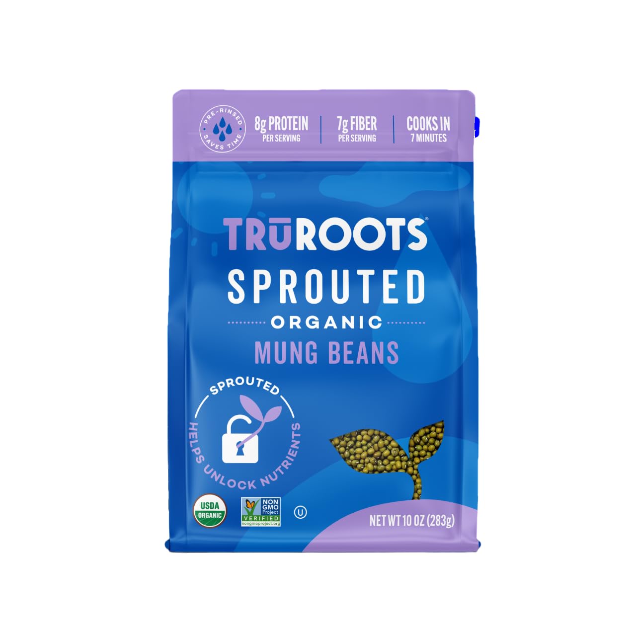 TruRoots Organic Sprouted Mung Beans 10oz package for protein-packed meals.