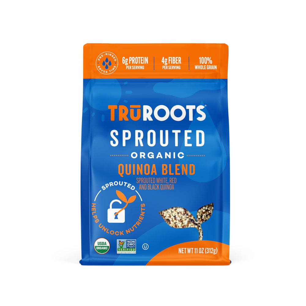 truRoots spouted quinoa blend packaging shows premium whole grain quality for versatile meals.