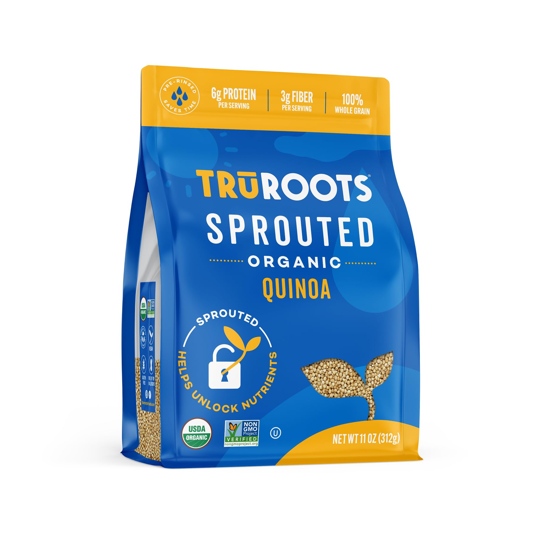 truRoots spouted quinoa pack close-up highlighting 100% whole grain goodness.