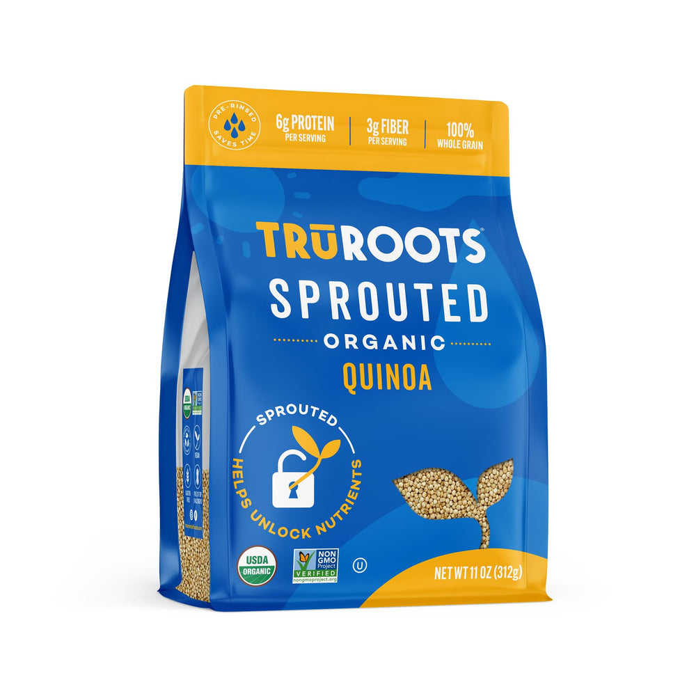 truRoots spouted quinoa pack close-up highlighting 100% whole grain goodness.