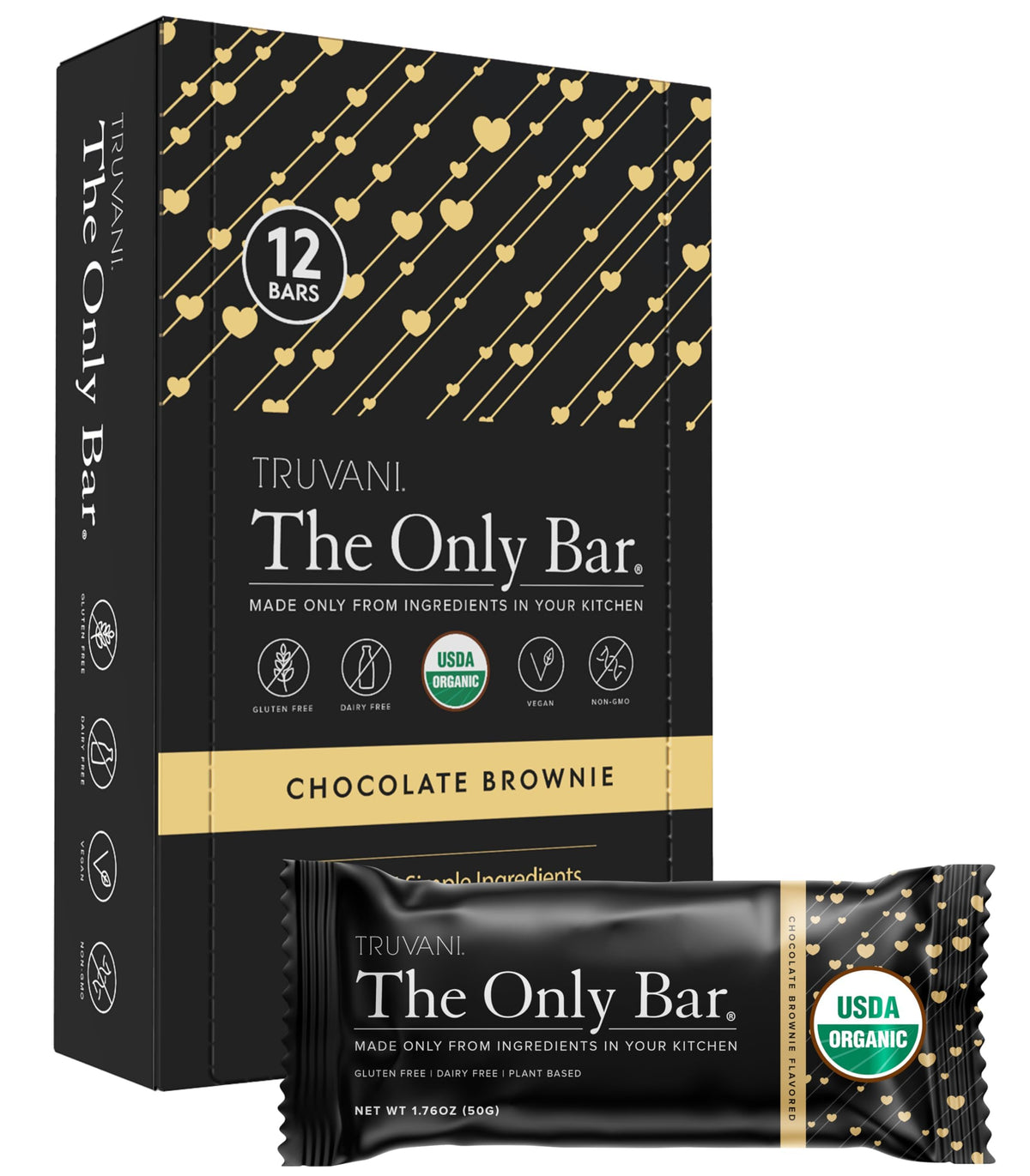 Truvani chocolate brownie bar packaging, showcasing organic vegan snack option for on-the-go.