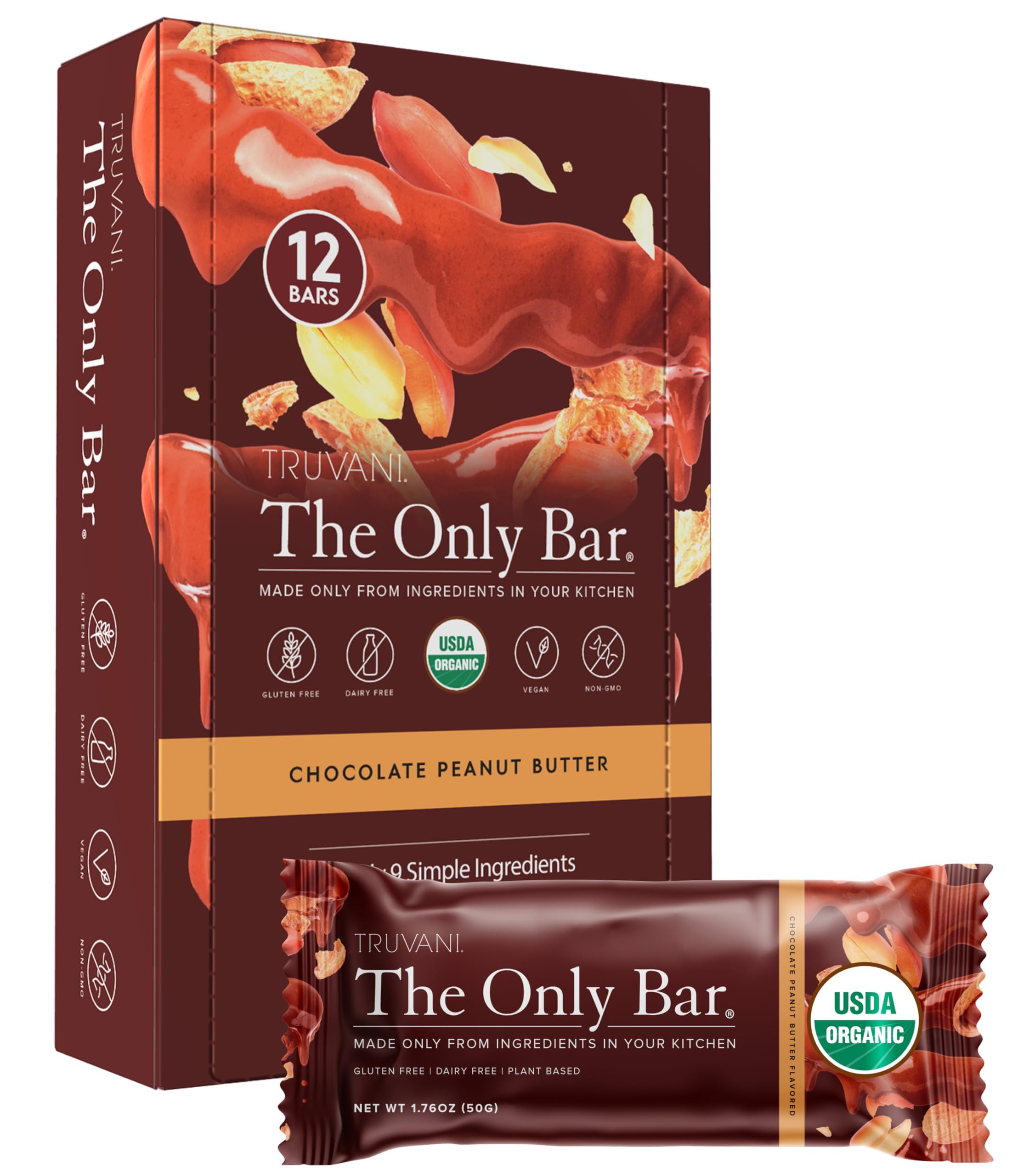 Truvani Chocolate Peanut Butter Bar front view with rich ingredients and branding