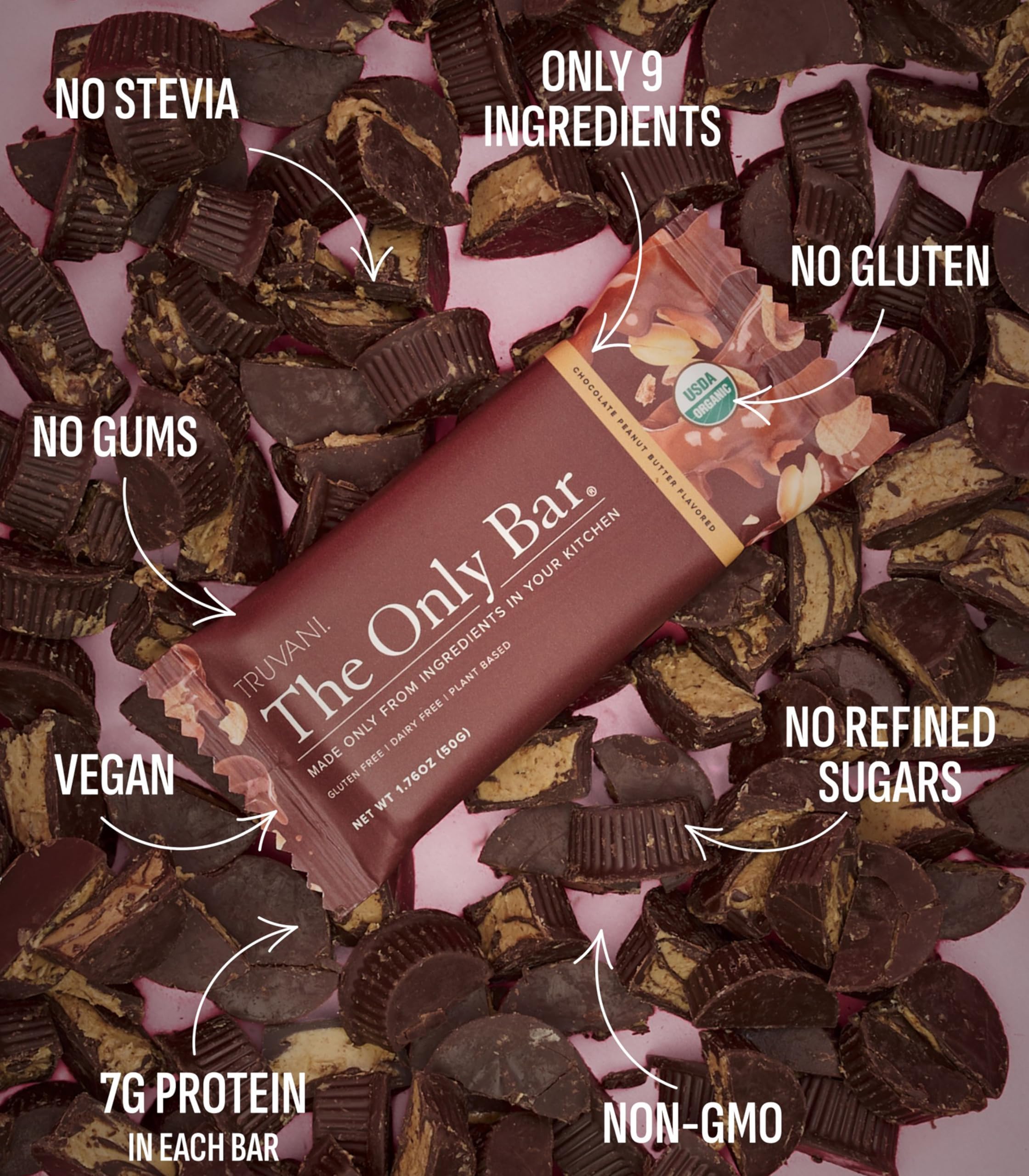 Truvani Chocolate Peanut Butter Bar packaging shown for on-the-go convenience