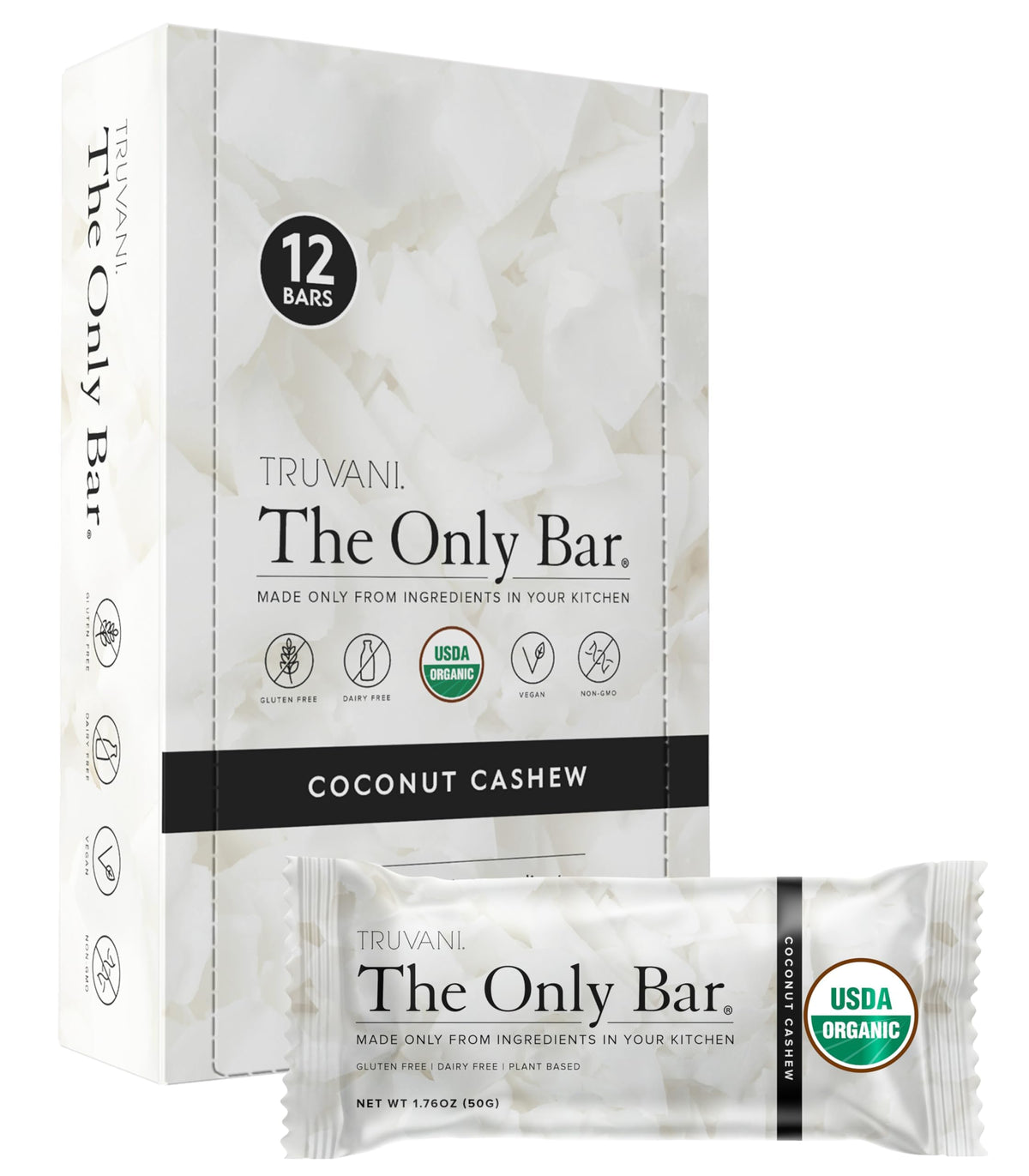 Truvani Coconut Cashew Bar 12-pack – gluten-free, vegan energy for on-the-go snacking.