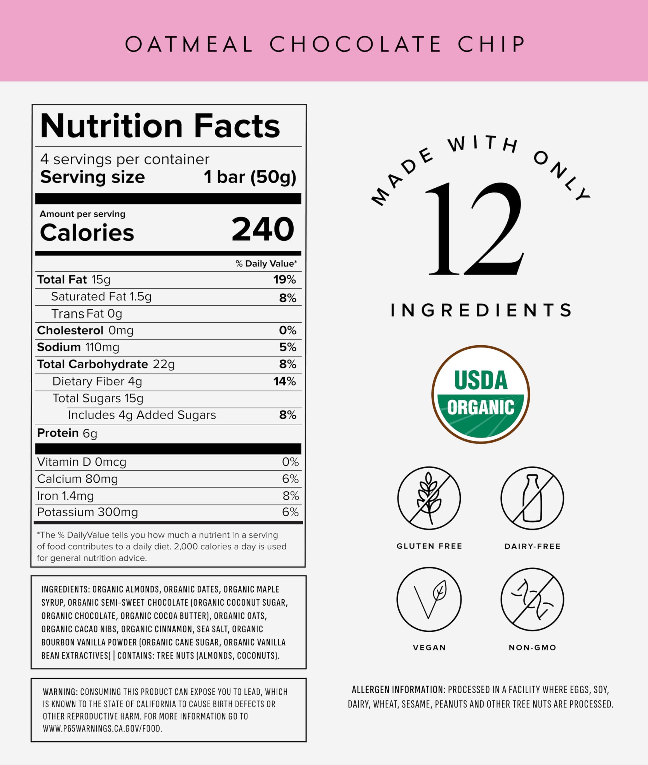 Truvani ingredients photo highlights oats, almonds, dates, and chocolate chips for clean energy.