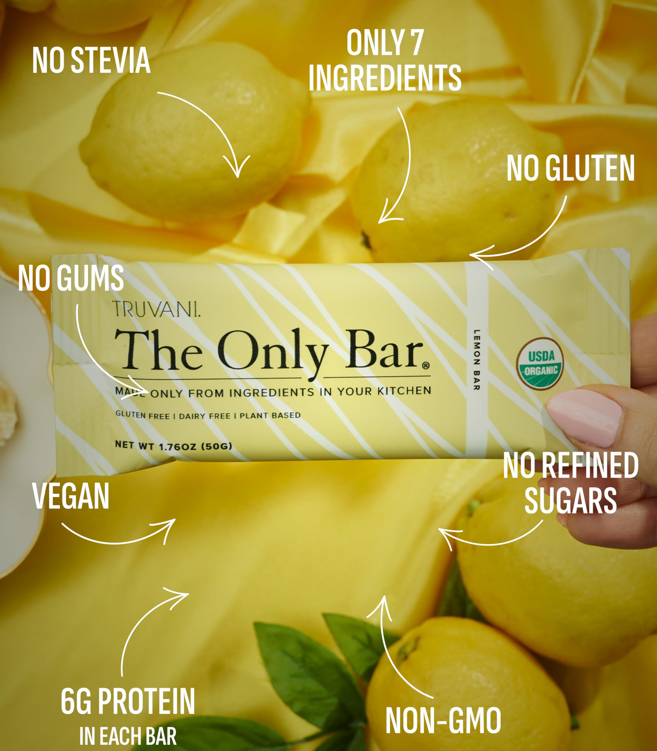 Truvani Lemon Bar 12-pack back view highlighting organic and vegan credentials.