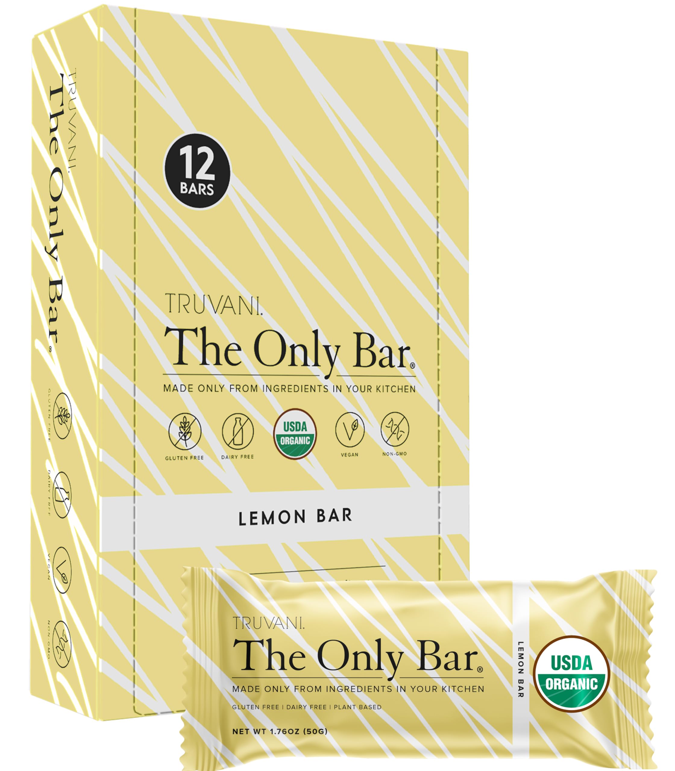 Truvani Lemon Bar 12-pack front view for on-the-go snacking and protein.