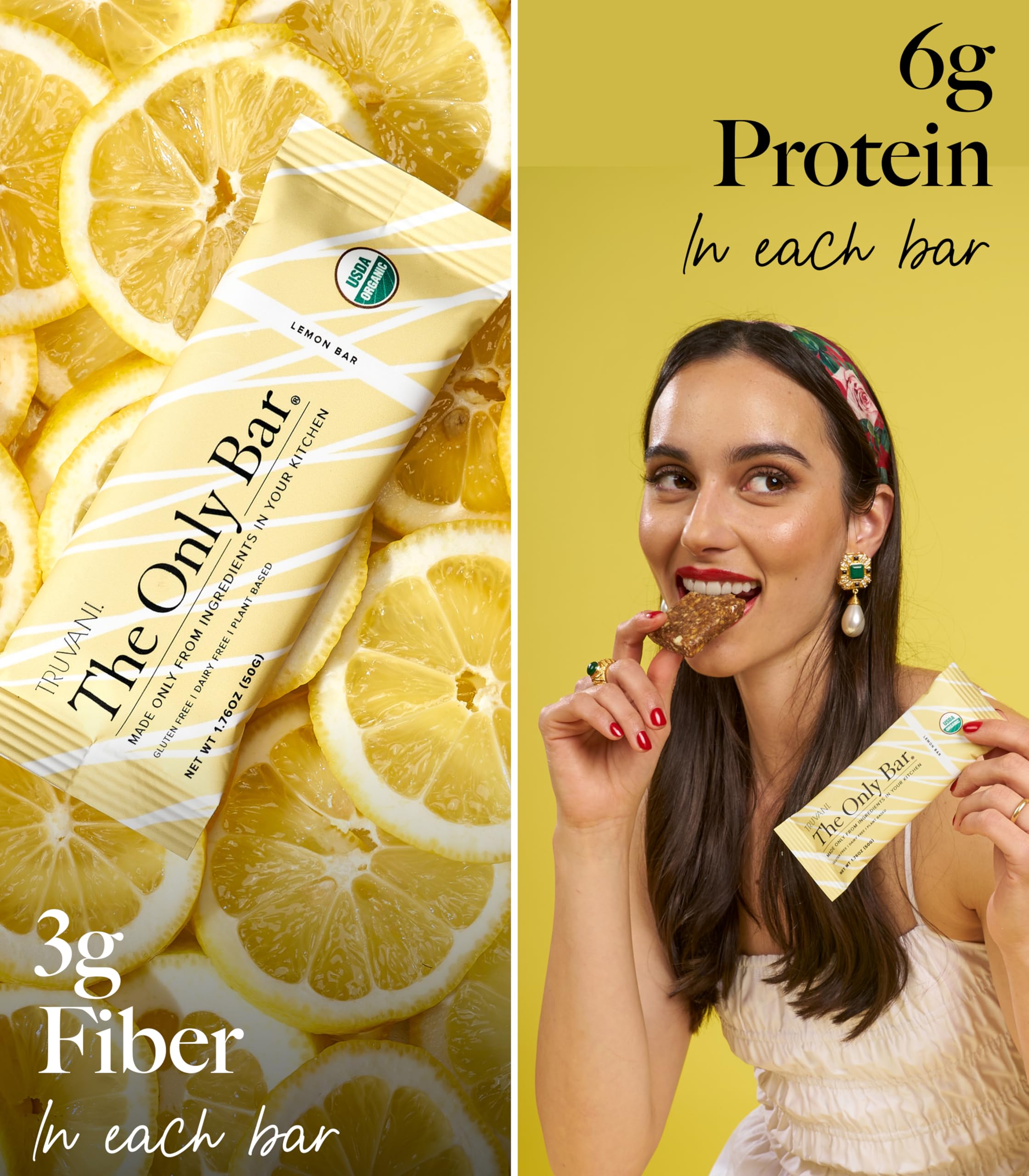 Truvani Lemon Bar close-up of almonds and dates ingredients showing natural nutrition.