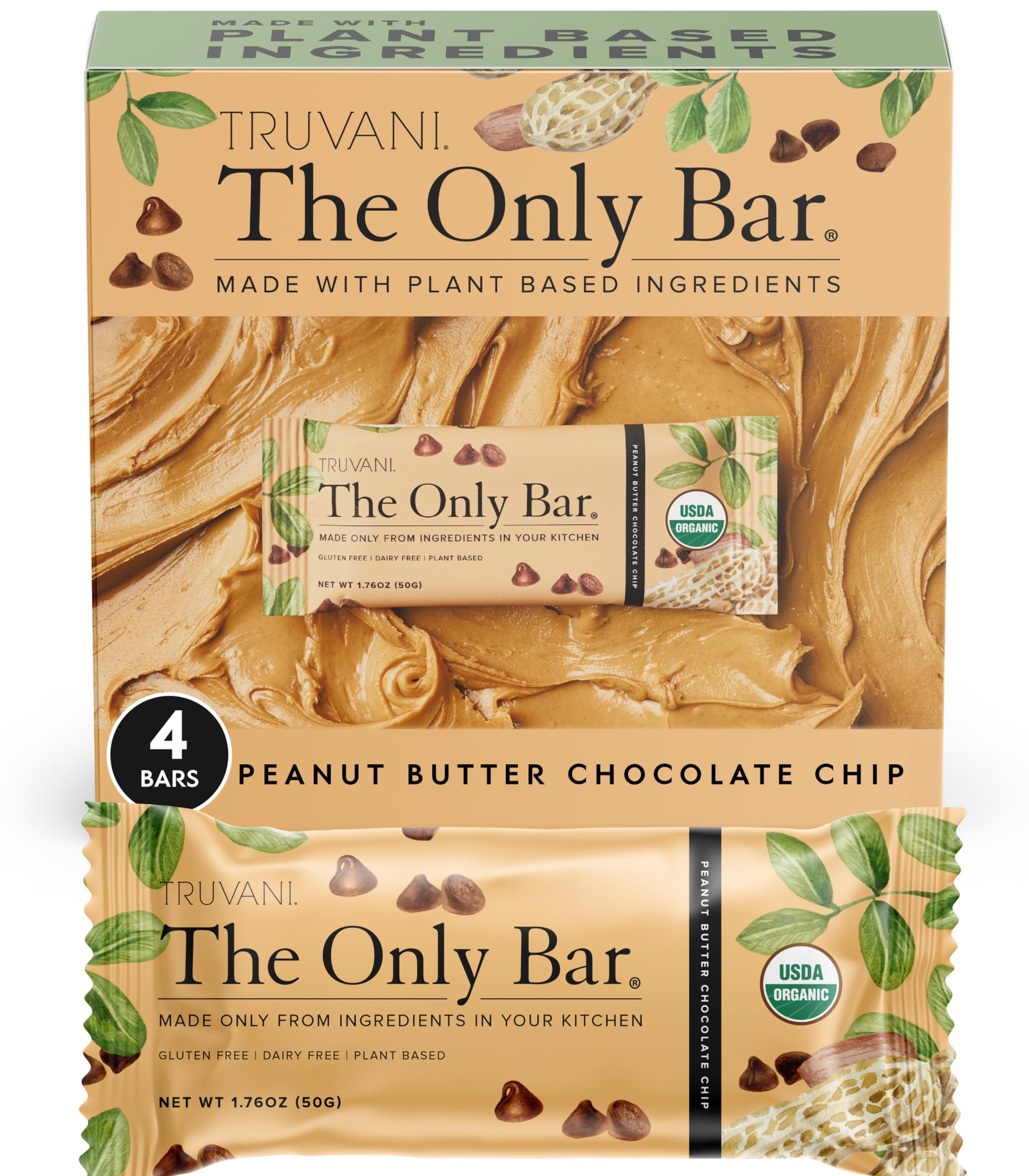 Truvani peanut butter chocolate chip bar wrapped 4-pack for easy on-the-go snacking.