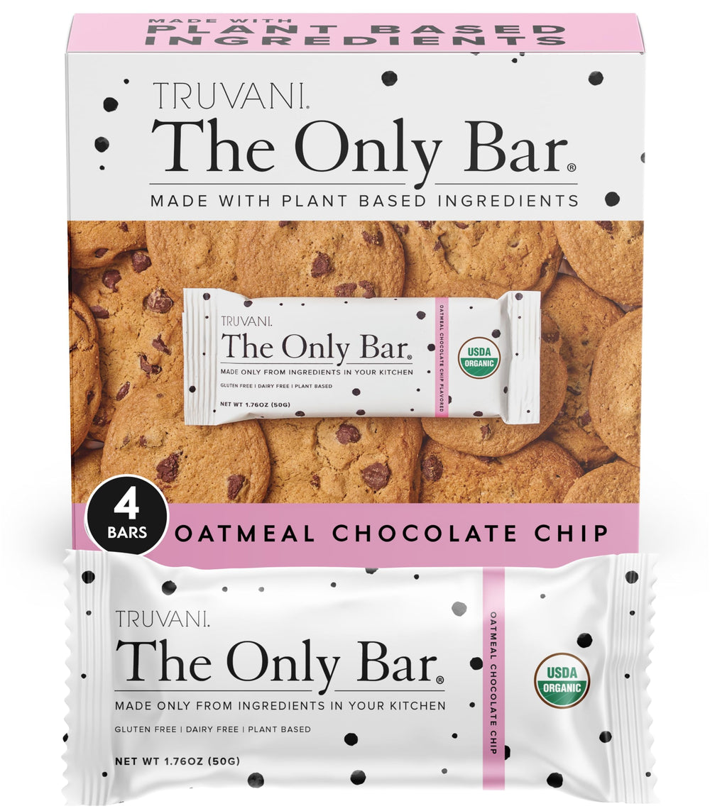 Truvani The Only Bar packaging front shows organic and vegan credentials for convenient snacking.