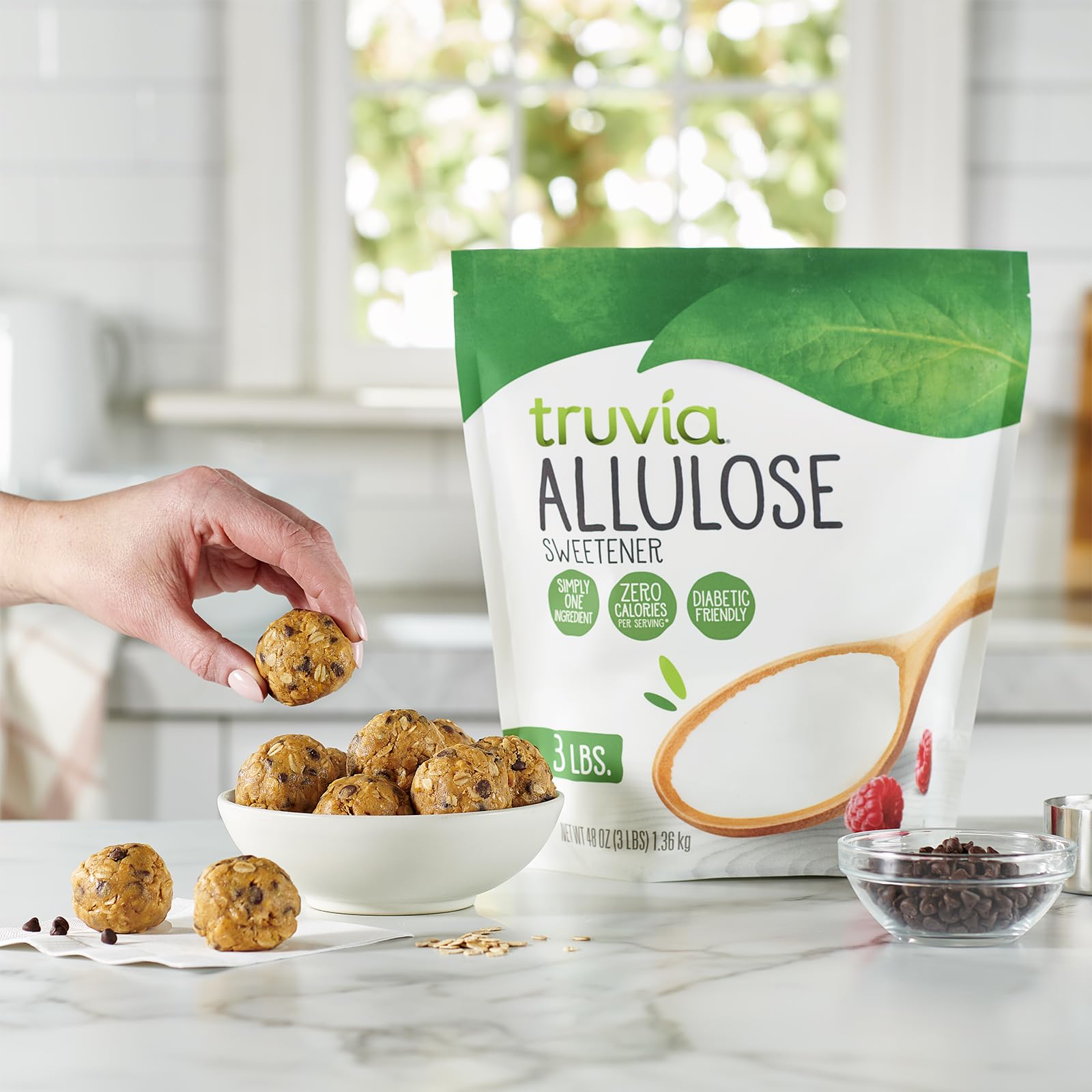 Truvia Allulose zero-calorie label signals calorie-free sweetness option.