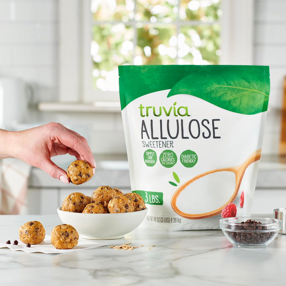 Truvia Allulose zero-calorie label signals calorie-free sweetness option.