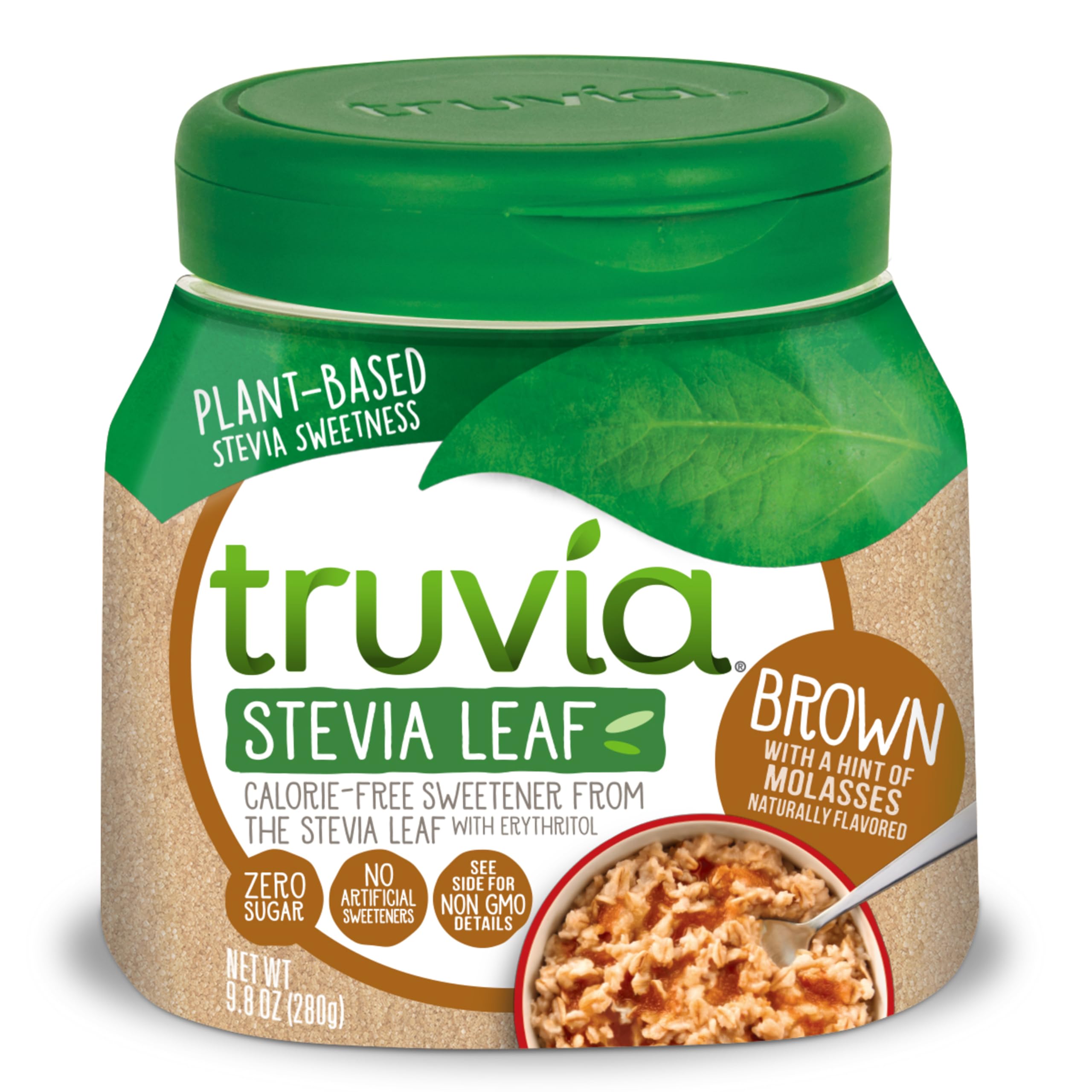 Truvia brown-spoonable-jar with molasses flavor crystals ideal for oatmeal and beverages.
