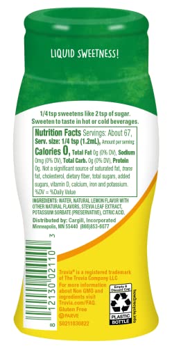 Truvia lemon liquid sweetener enhances coffee and tea with citrus notes.