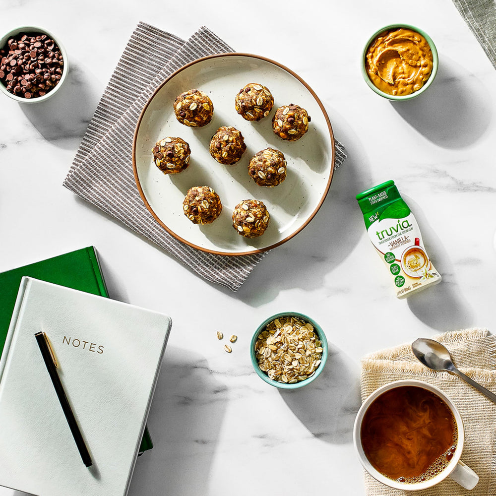 Cup of hot coffee with Truvia for balanced taste