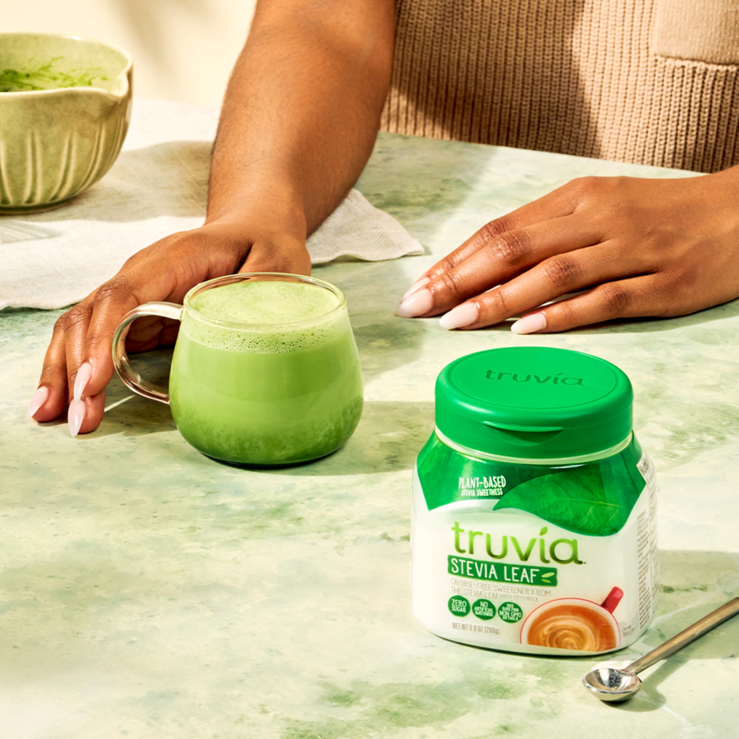 Truvia jar pour angle demonstrating convenient dispensing.