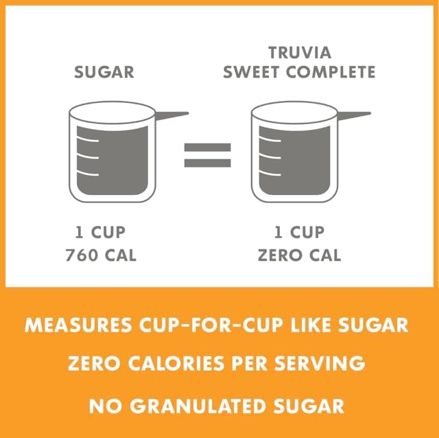 Truvia measures cup-for-cup image shows easy baking and coffee sweetness