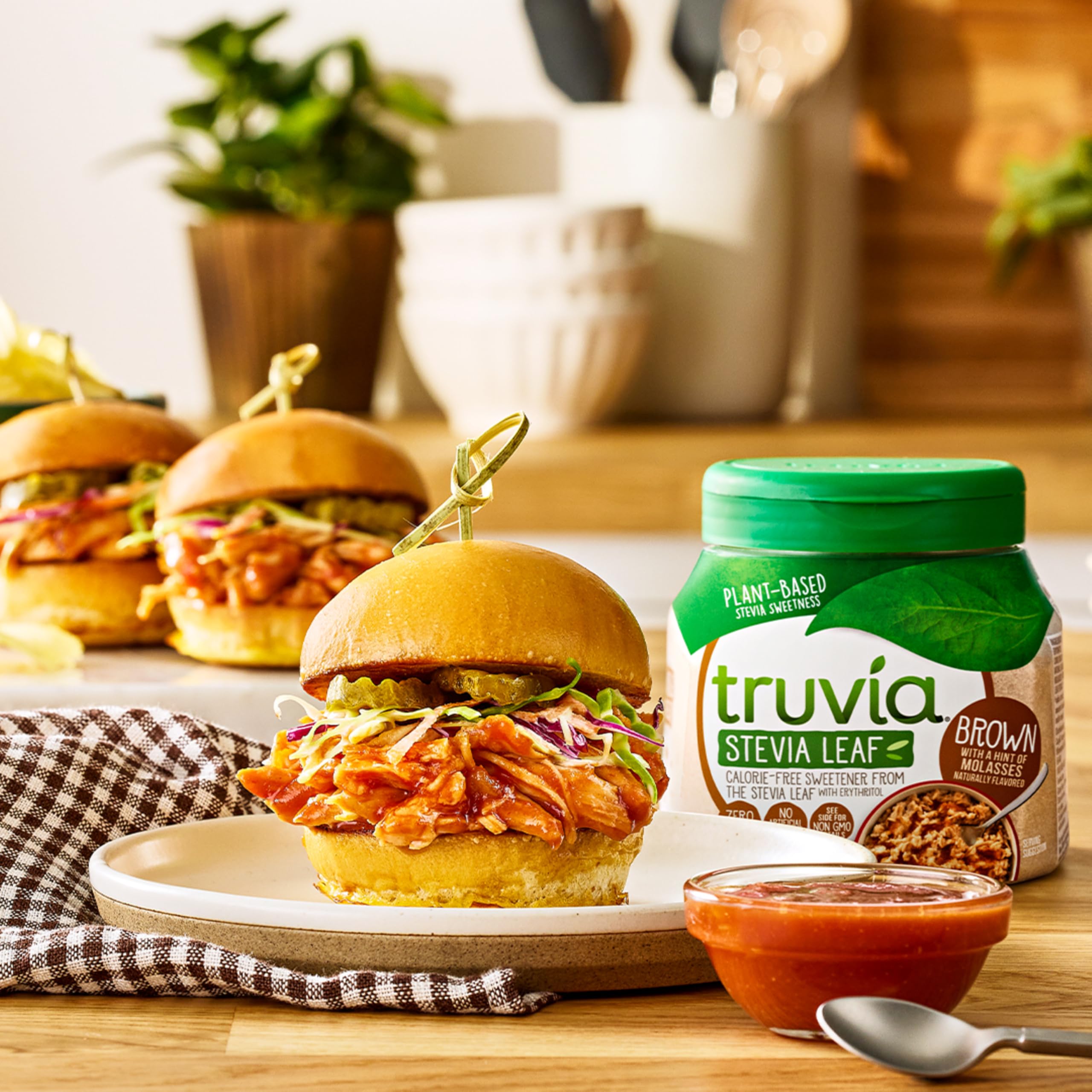 Truvia molasses-flavor crystals close-up highlight sugar-free sweetness.