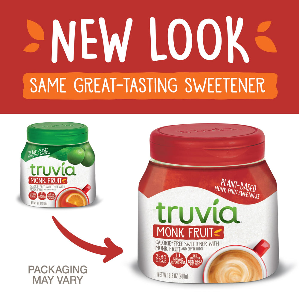 Truvia Monk Fruit Spoonable Jar on kitchen shelf in a modern pantry