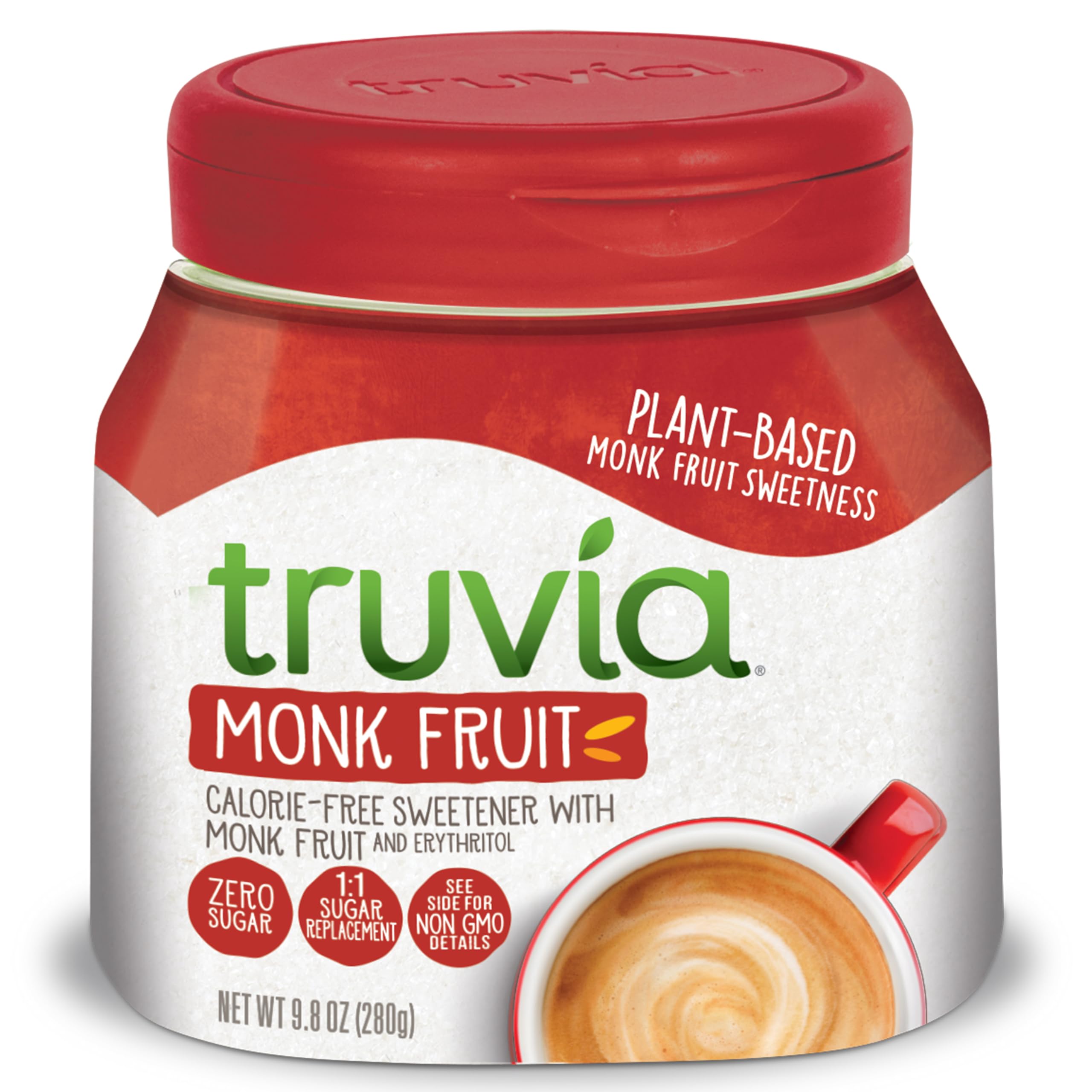 Truvia Monk Fruit Spoonable Jar label close-up showing zero-calorie sweetness option