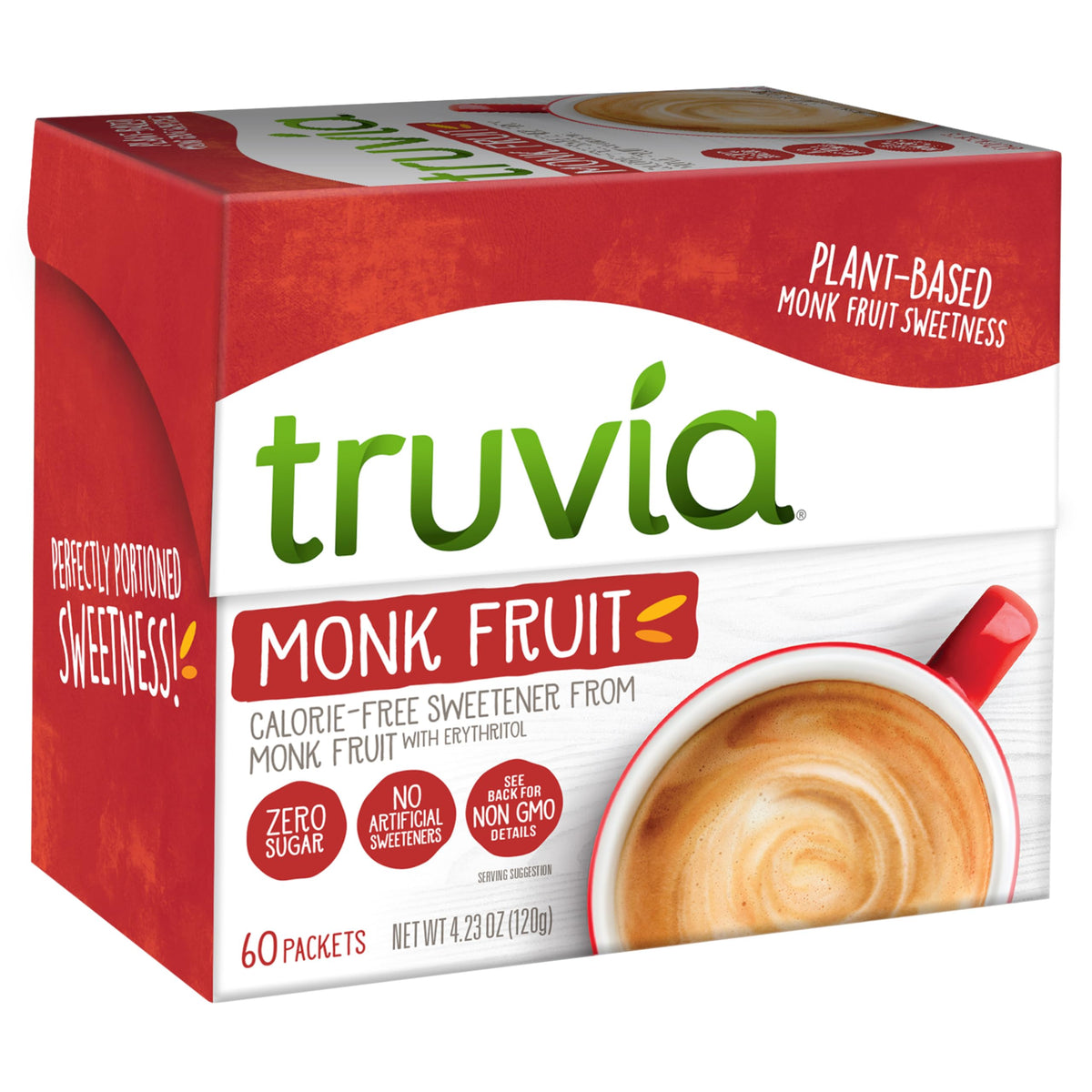 Truvia monkfruit packets box displayed for zero-calorie sweetness in daily coffee