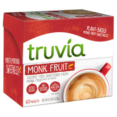 Truvia monkfruit packets box displayed for zero-calorie sweetness in daily coffee