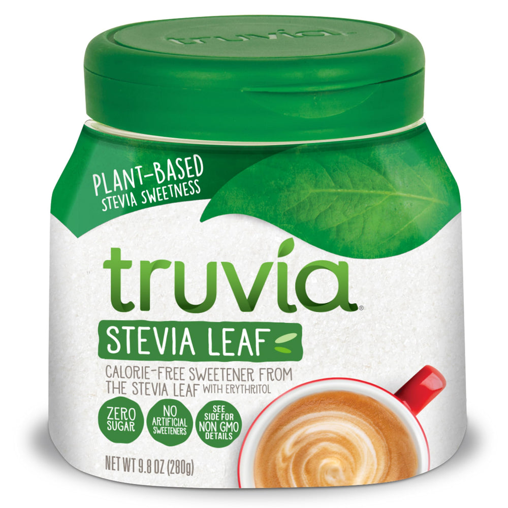 Truvia Original jar close-up, highlighting calorie-free sweetness for daily use.