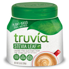 Truvia Original jar close-up, highlighting calorie-free sweetness for daily use.