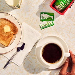 Close-up of Truvia Original packets showing stevia-erythritol sweetness