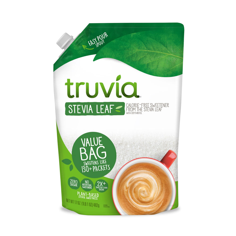 Truvia Original sweetener jar pour showing zero-calorie sweetness for beverages