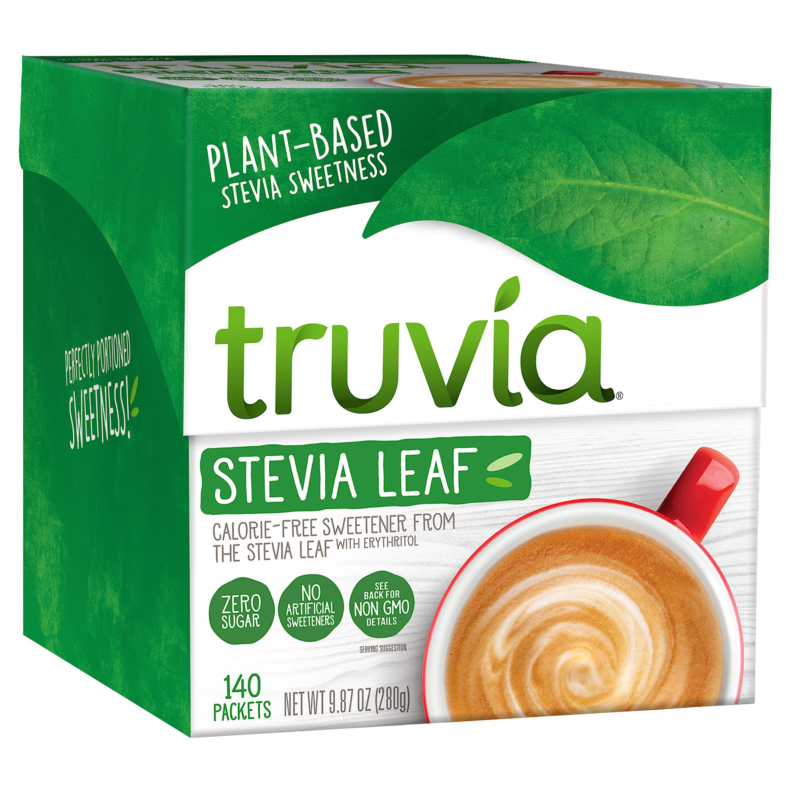 Truvia packets on a sleeve, calorie-free sweetness for drinks.
