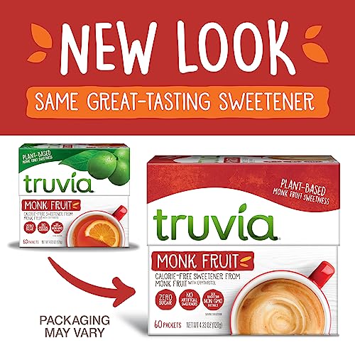 Truvia monkfruit packets beside a teacup for sugar-free tea