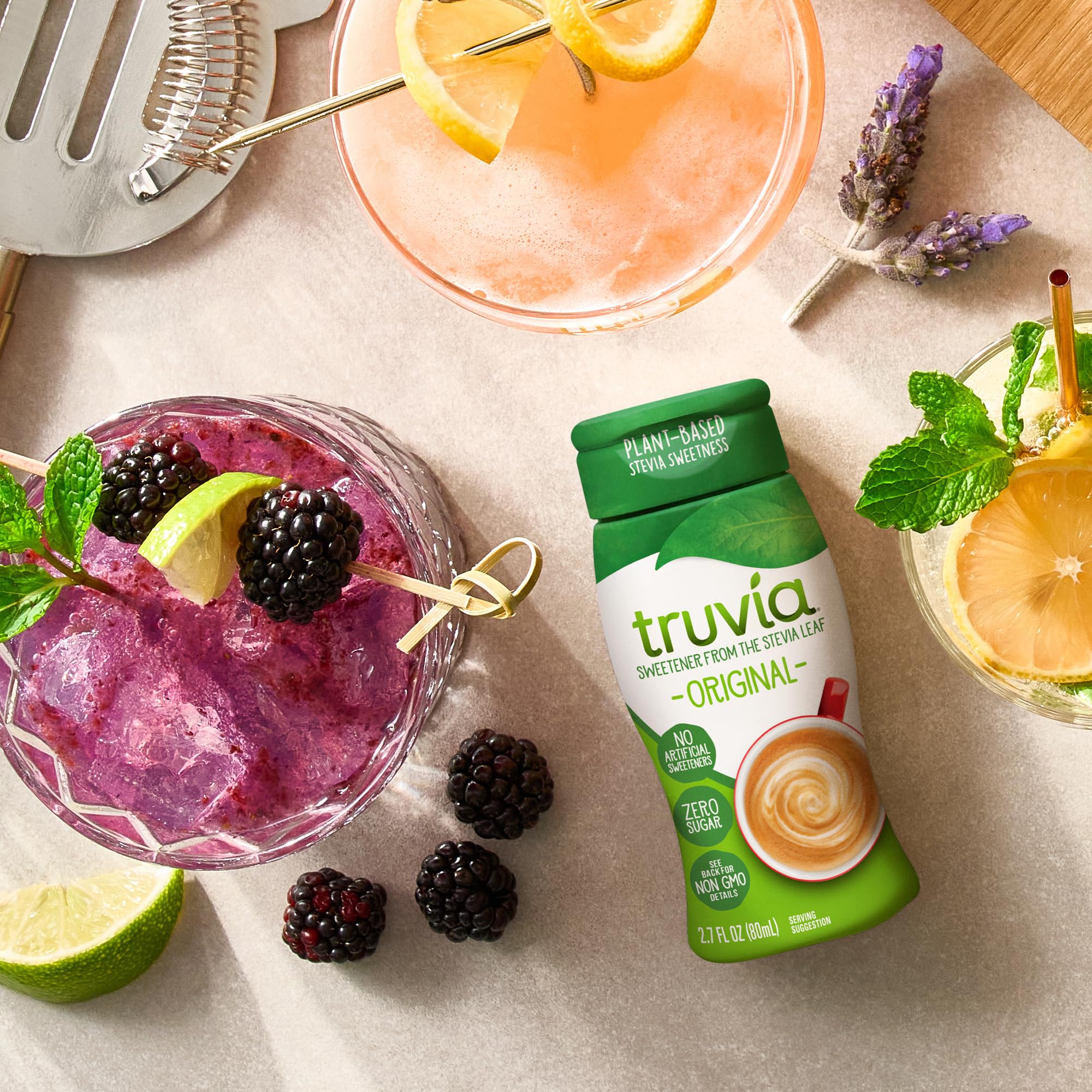 Smoothie prepared with Truvia liquid sweetener for balanced taste.
