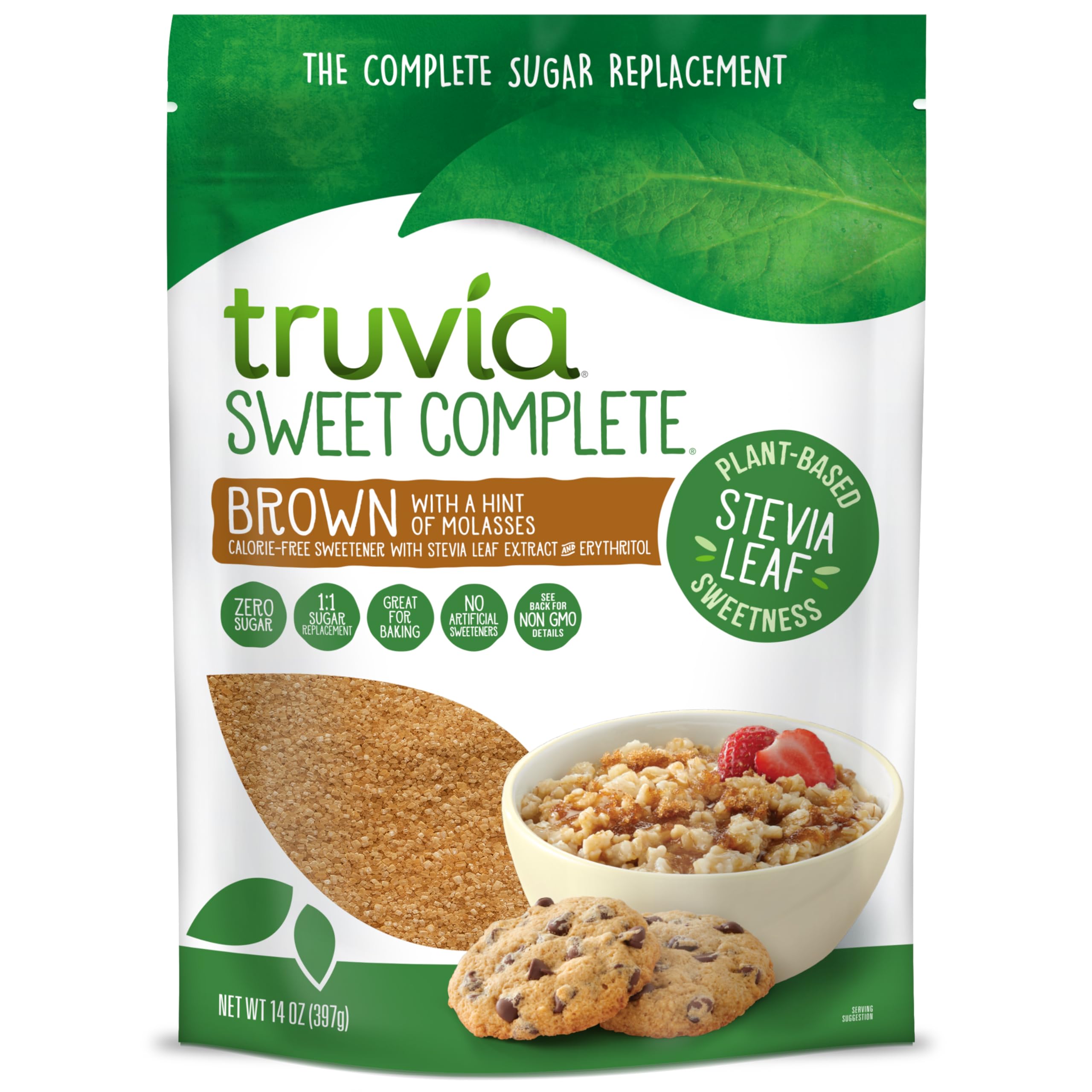 Truvia Sweet Complete Brown bag packaging for calorie-free sweetness in baking.