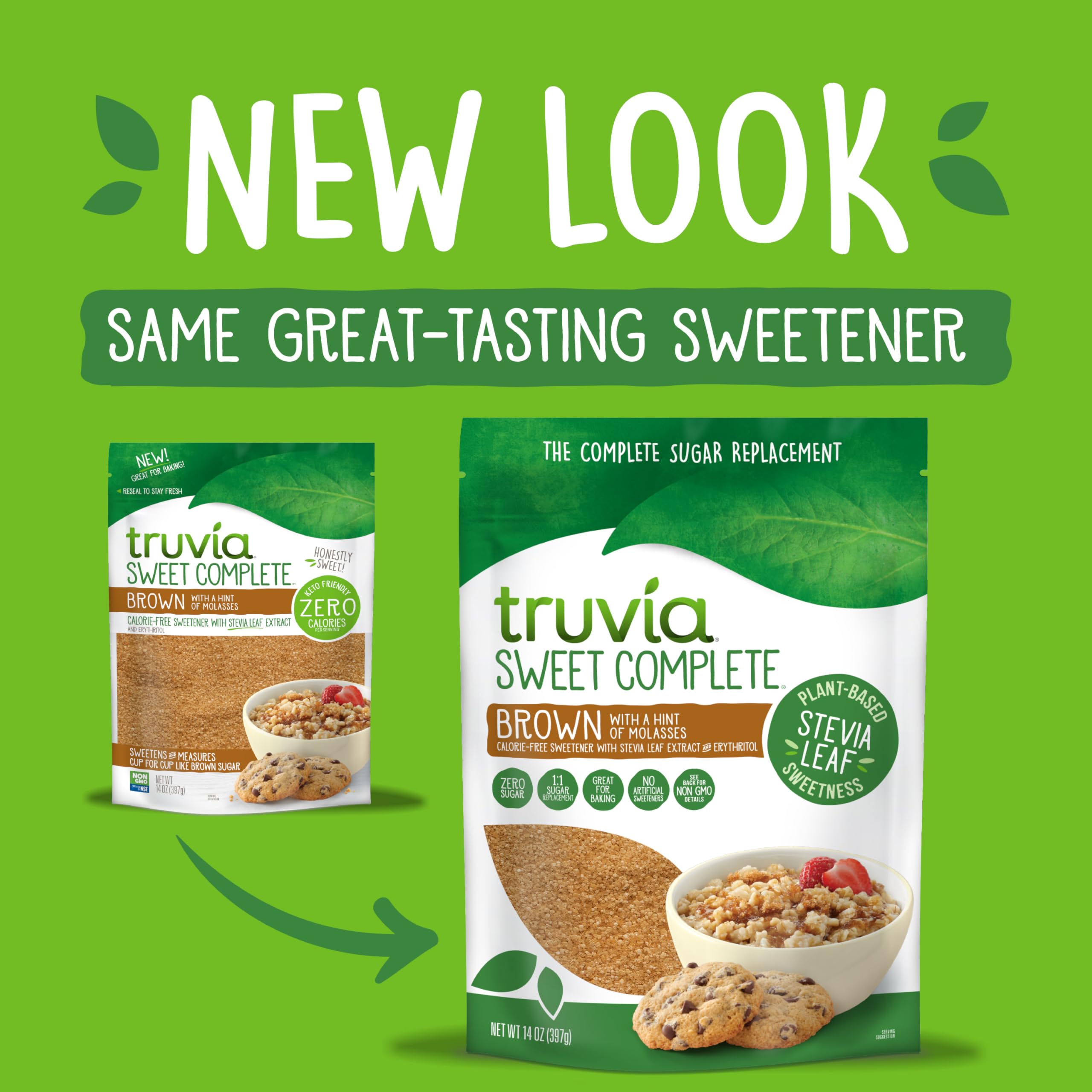 Truvia Sweet Complete Brown ingredients label highlighting erythritol and stevia.