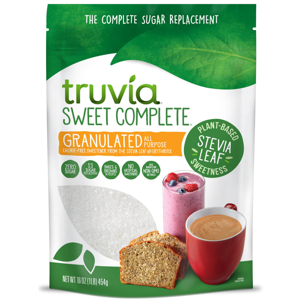 Truvia Sweet Complete granulated bag viewed for kitchen use and calorie-free sweetness
