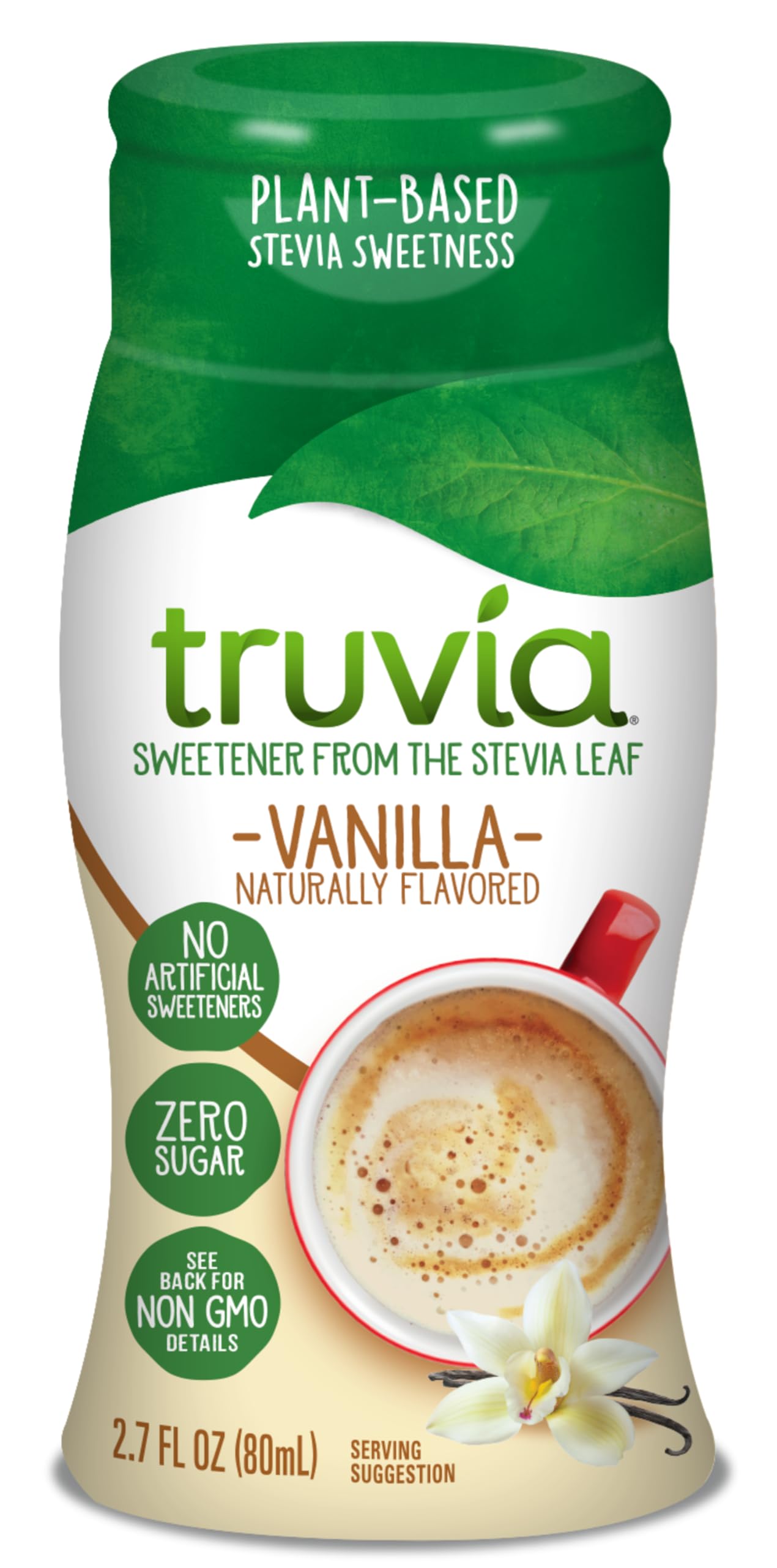 Truvia zero-calorie vanilla liquid stevia bottle close-up for everyday sweetness