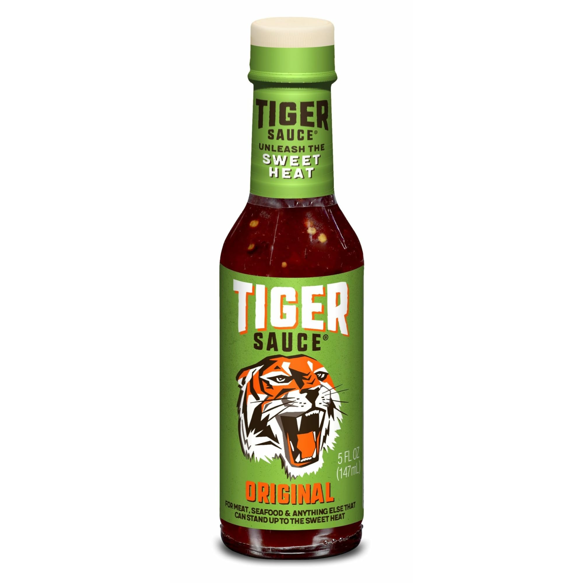 Try Me Tiger Sauce Original bottle front showing exotic sweet heat for meats and seafood