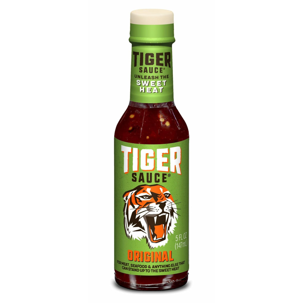 Try Me Tiger Sauce Original bottle front showing exotic sweet heat for meats and seafood