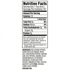Try Me Tiger Sauce label closeup, cayenne base with sweet and sour notes.