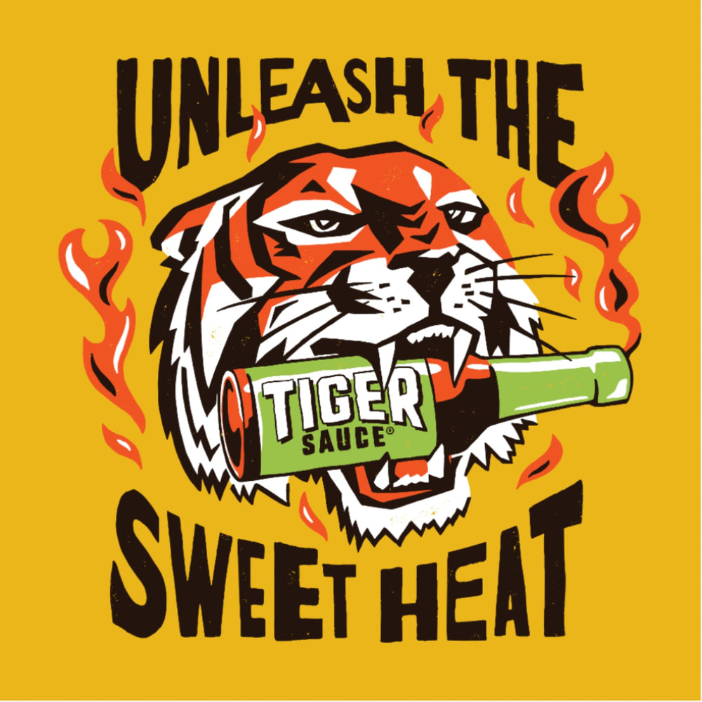 Try Me Tiger Sauce label close up with cayenne and sweet sour balance