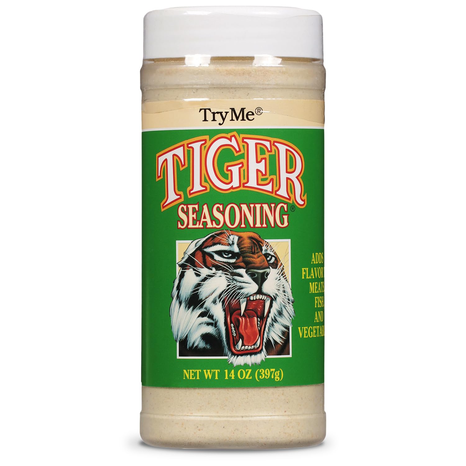 Try Me Tiger Seasoning bottle front showing bold, mild heat for many meals.
